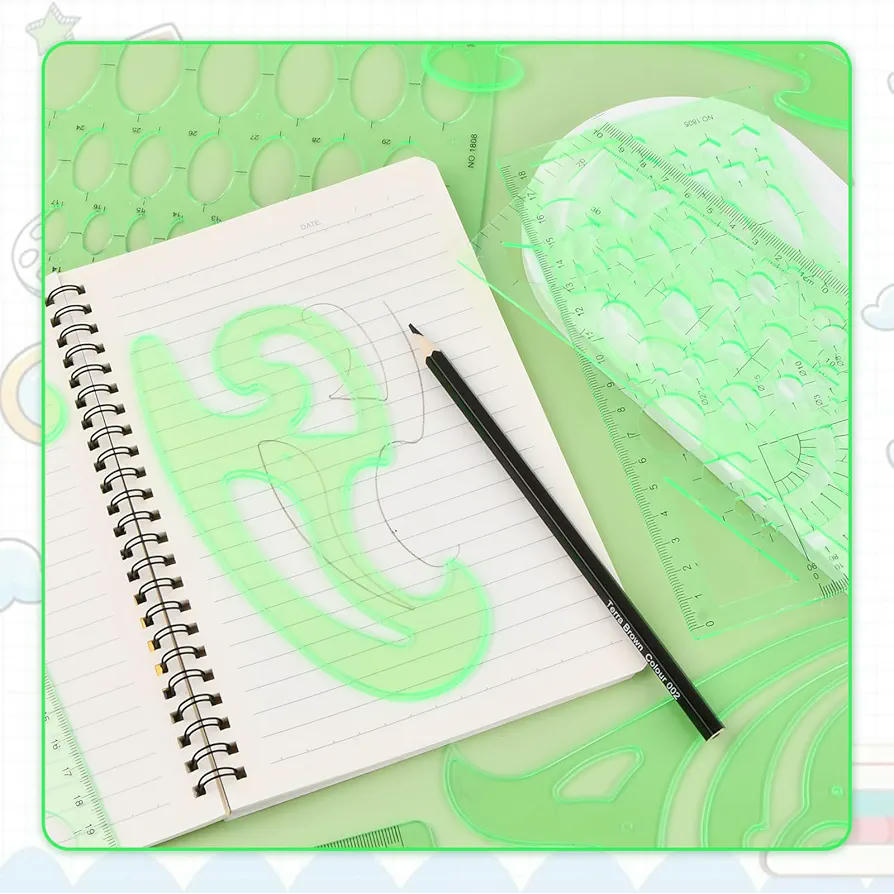 4 Piezas de Plantillas de Dibujo Geométrico para Medición y Diseño Artístico (Verde)