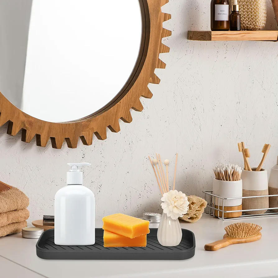 Organizador de Fregadero de Silicona Antideslizante, Soporte para Esponjas y Utensilios de Cocina (23x9cm) Negro y Gris