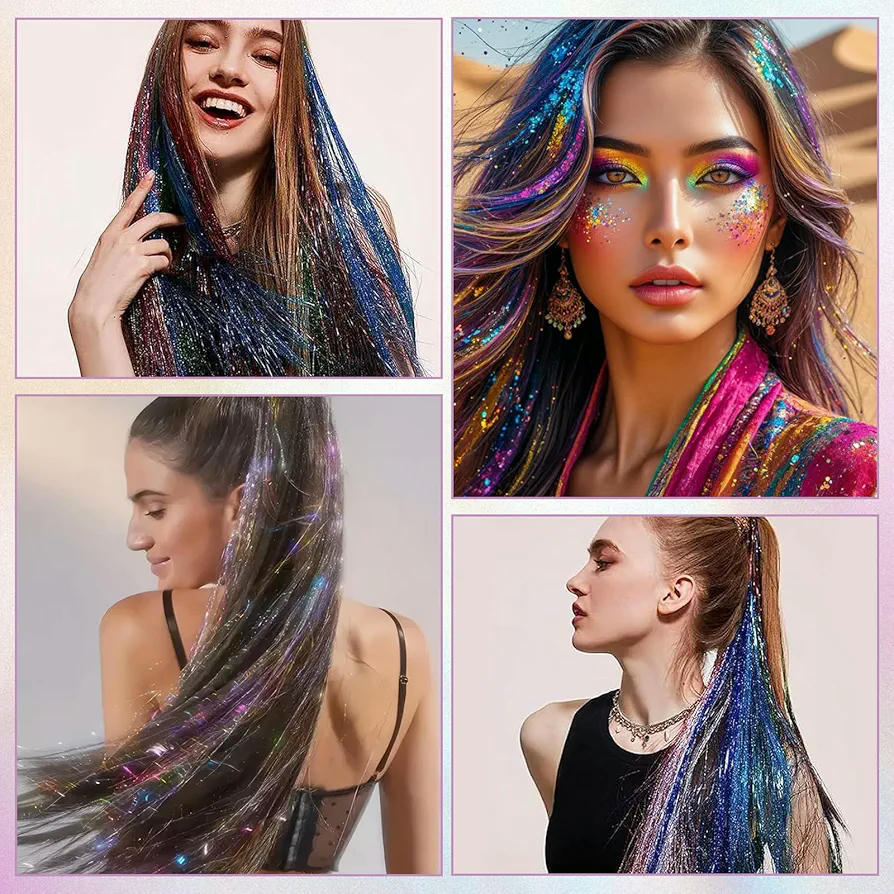Extensiones de Cabello Sintético de 120 cm con Brillos Plata para Peinados (Multicolor)