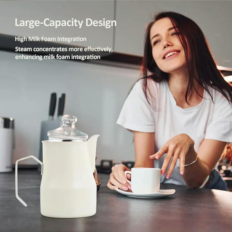 Jarra de Leche Barista 350 ml, Jarra Espumador de Leche de Acero Inoxidable, Ideal para Latte Art (Blanco)