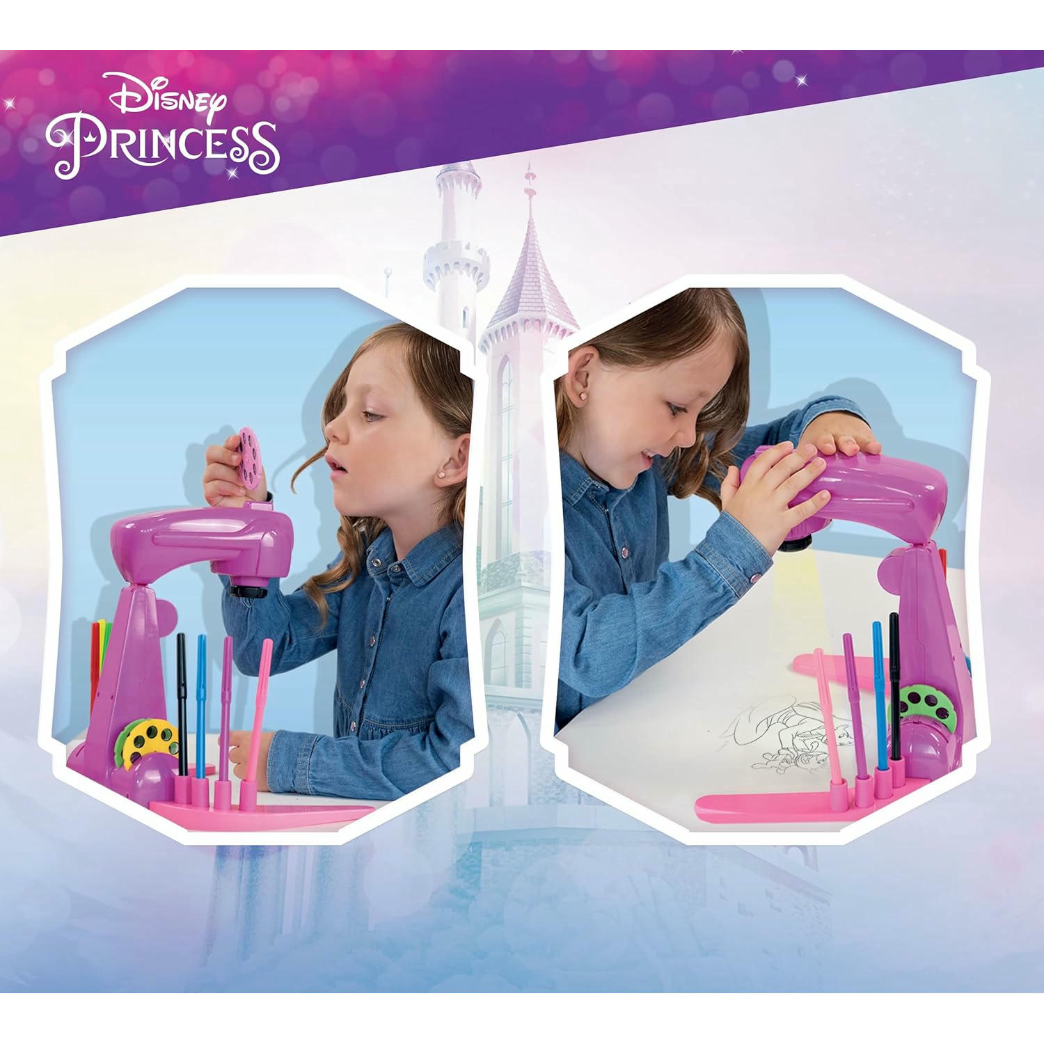 Lisciani Giochi - Escuela de dibujo con proyector de PRINCESAS DISNEY - Para niños a partir de 3 años - Aprende a dibujar con modelos proyectados - Incluye modelos, papel y lápices - Juego creativo