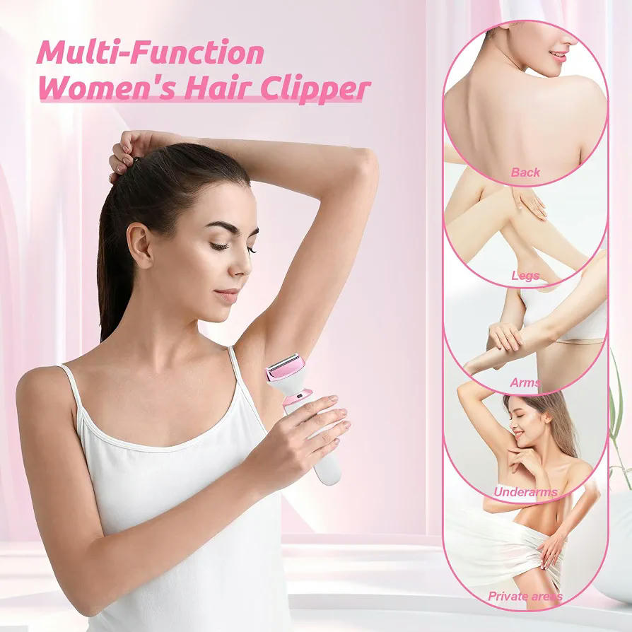 Depiladora Eléctrica 4 en 1 para Mujer, Maquinilla de Afeitar con Cuchillas Intercambiables y Carga USB (Rosa)