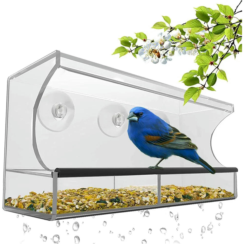 Comedero para pájaros transparente de acrílico, modelo con ventosas, alimentador ideal para periquitos y canarios, suministros de alimentación para balcón y jardín (30 cm, transparente)