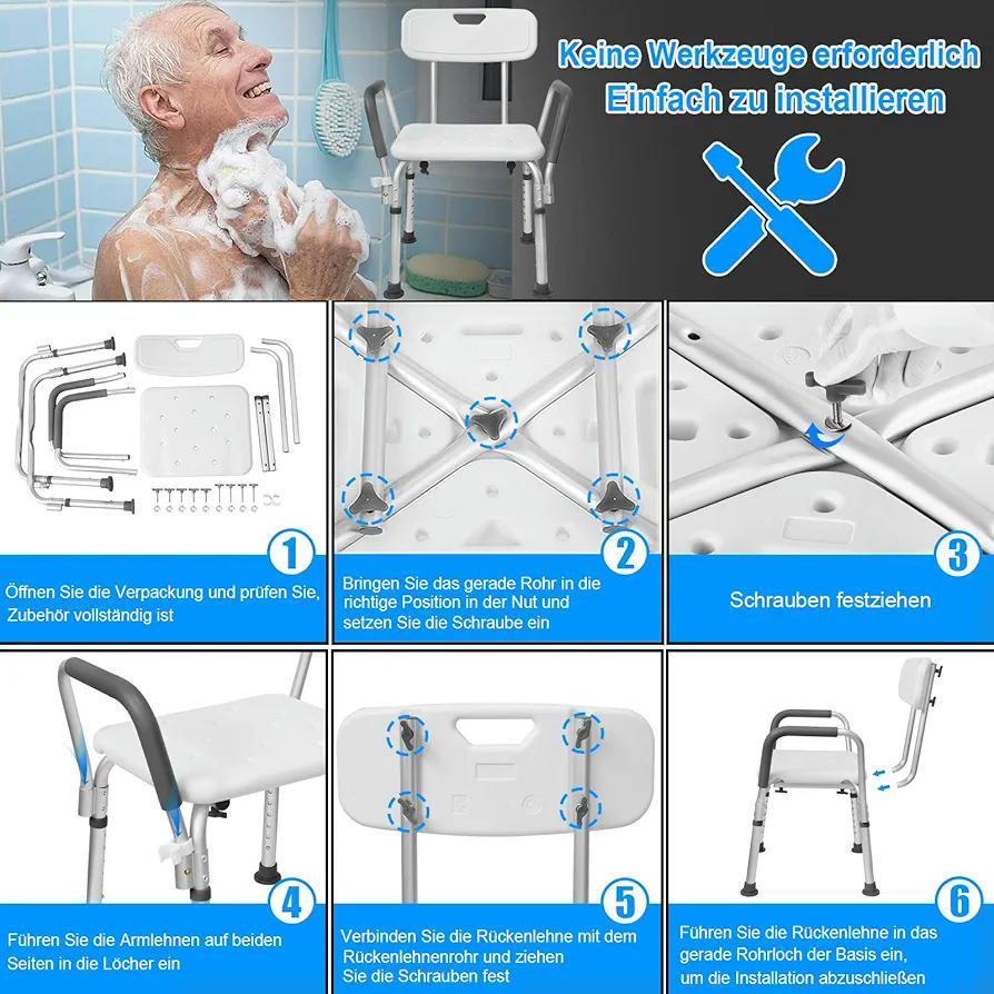 Silla de ducha regulable, 5 niveles de altura 37,5 - 50,5 cm, taburete antideslizante con respaldo y reposabrazos, asiento de aluminio y polietileno resistente
