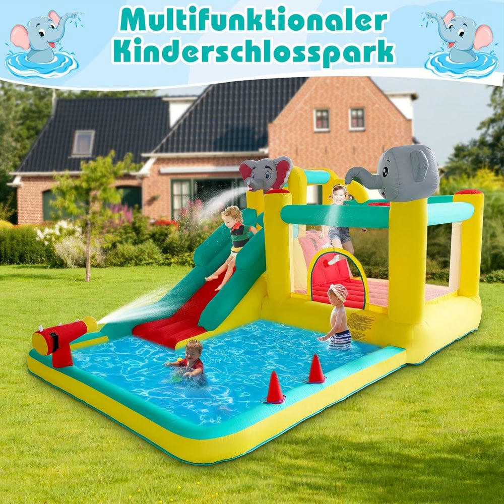 Castillo inflable con tobogán, área de salto, pit de pelotas y aro de baloncesto, diseño de elefantes, para uso en interiores y exteriores, 423 x 286 x 212 cm