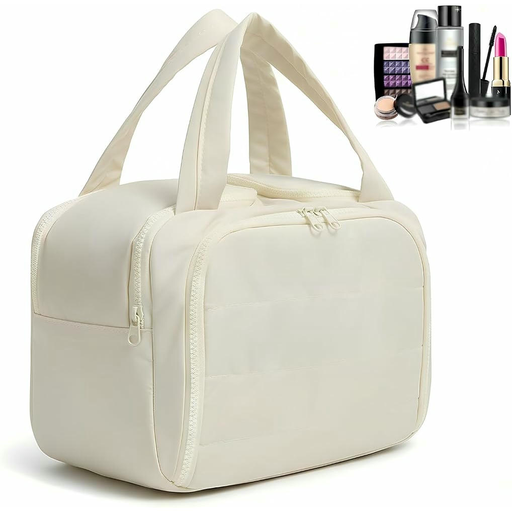 Bolsa de Maquillaje Grande Impermeable para Viaje con Compartimentos, 30x19x21 cm, Color Blanco