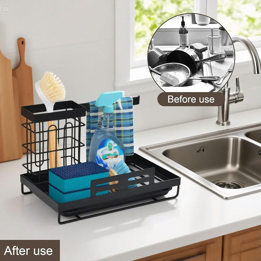 Organizador de fregadero para cocina y baño, portaesponjas y toallero, soporte multiuso con drenaje, acero al carbono, dimensiones 24,6 x 15 x 16 cm