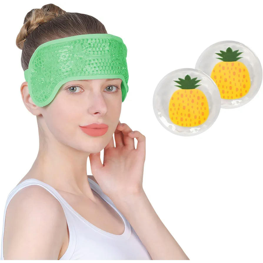 Juego de 3 mascarillas térmicas para ojos secos y migraña con compresas húmedas y frías (Verde)