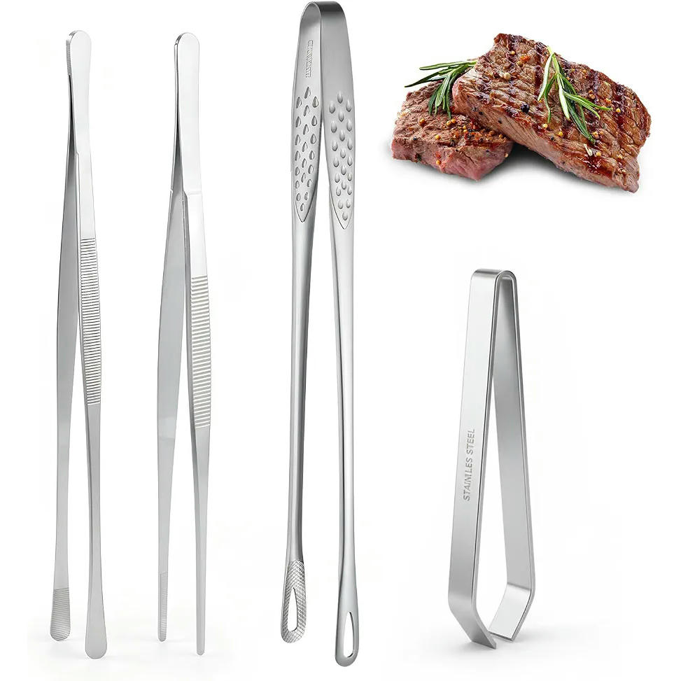 Set de 4 Pinzas de Cocina de Acero Inoxidable para Asar y Servir, Diferentes Tamaños y Usos, 11, 28, 30, 30 cm