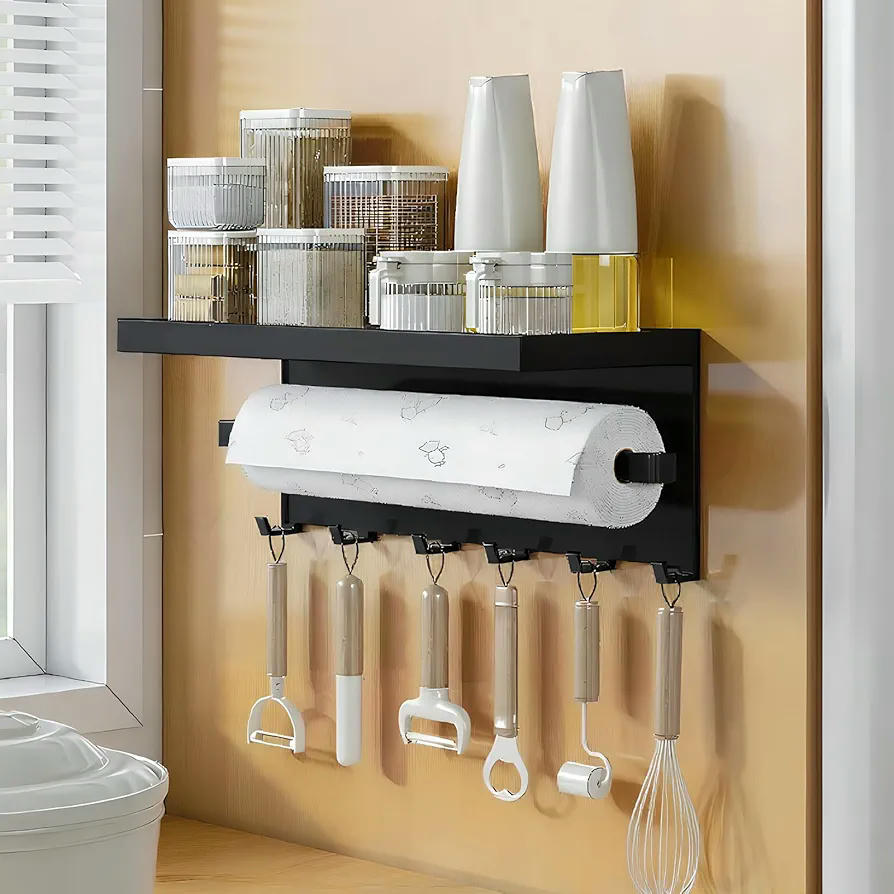 Estante Magnético para Especias - Organizador Multiusos de Cocina con Estantes y Ganchos, Sin Perforación (28 x 14,5 x 9,5 cm), Color Negro