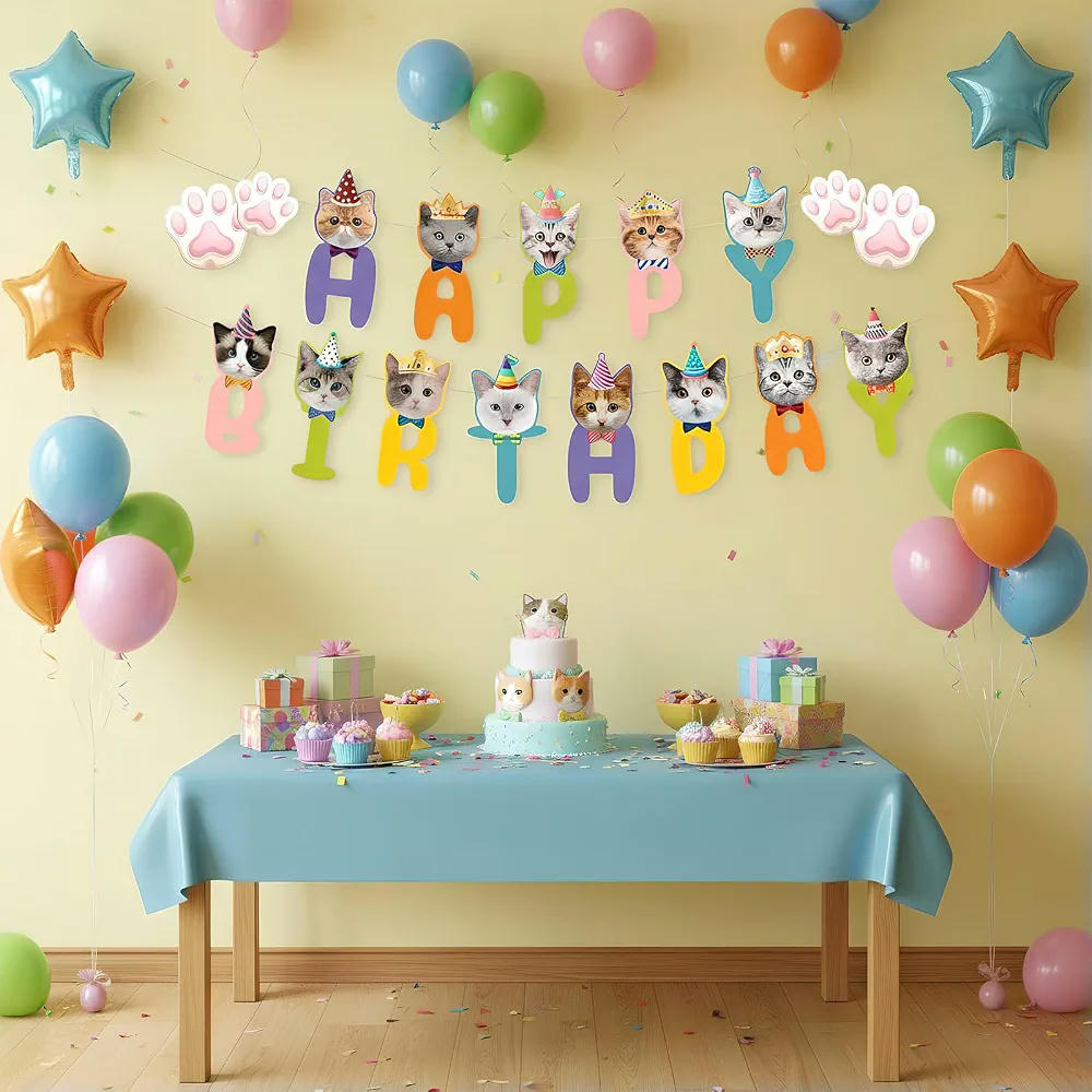Conjunto de Decoración de Cumpleaños para Gatos con Pancartas y Complementos, Multicolor