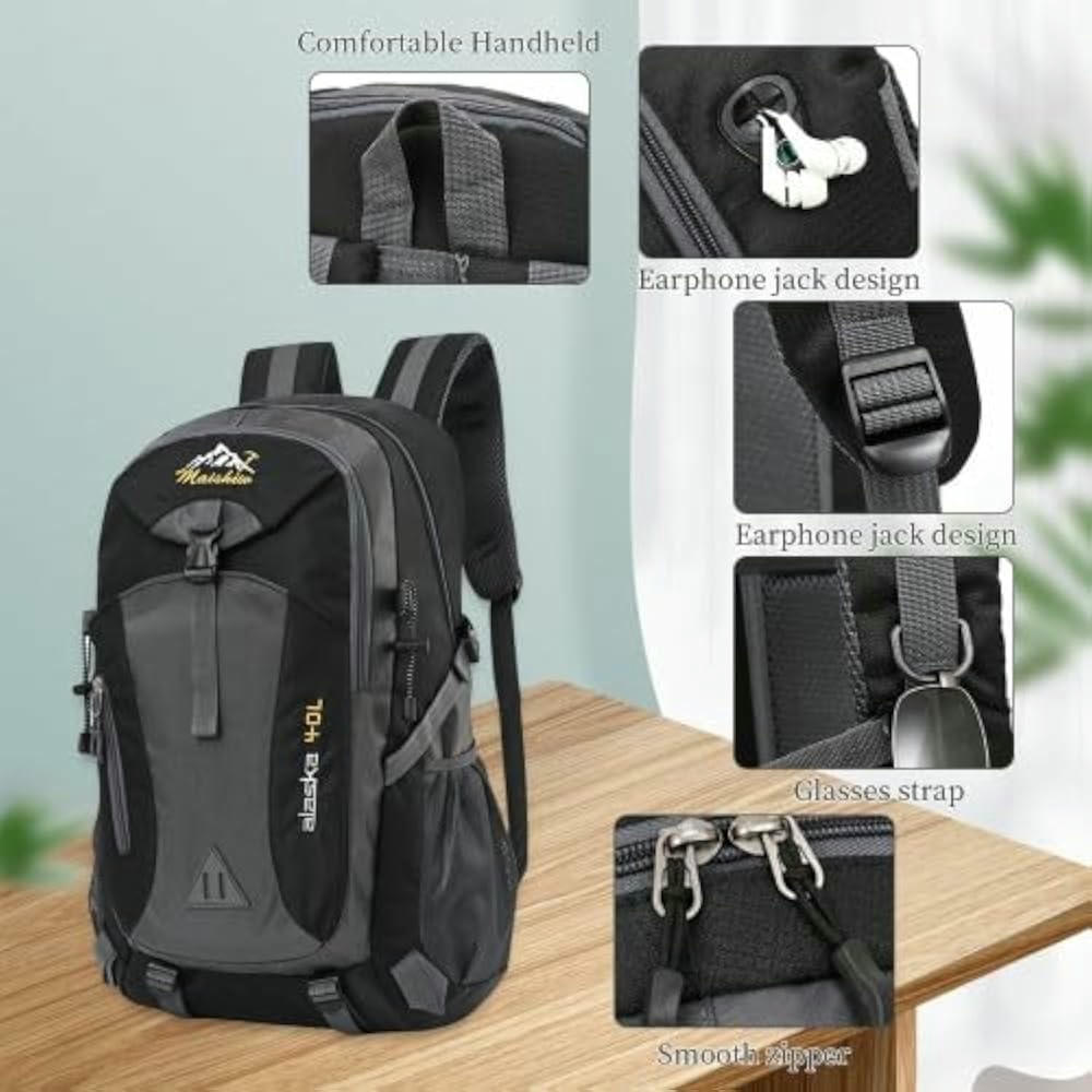 Mochila de Senderismo Ultraligera 40L Impermeable para Actividades al Aire Libre, 6 compartimentos y 2 bolsillos laterales