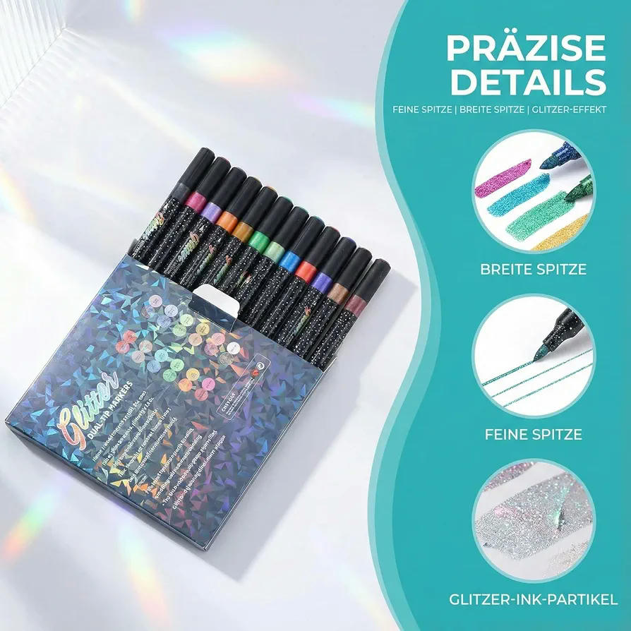 Set de 12 Rotuladores Brillantina Metálicos de Doble Punta (Fina y Ancha), para Libros para Colorear Adultos, Tarjetas Manualidades