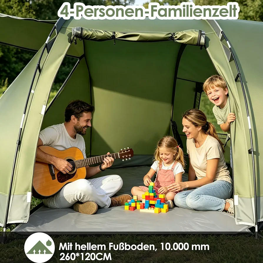 Tienda de campaña tipo túnel para 4 personas, impermeable 5000 mm, 420 x 260 x 150 cm, con toldo y suelo extraíble