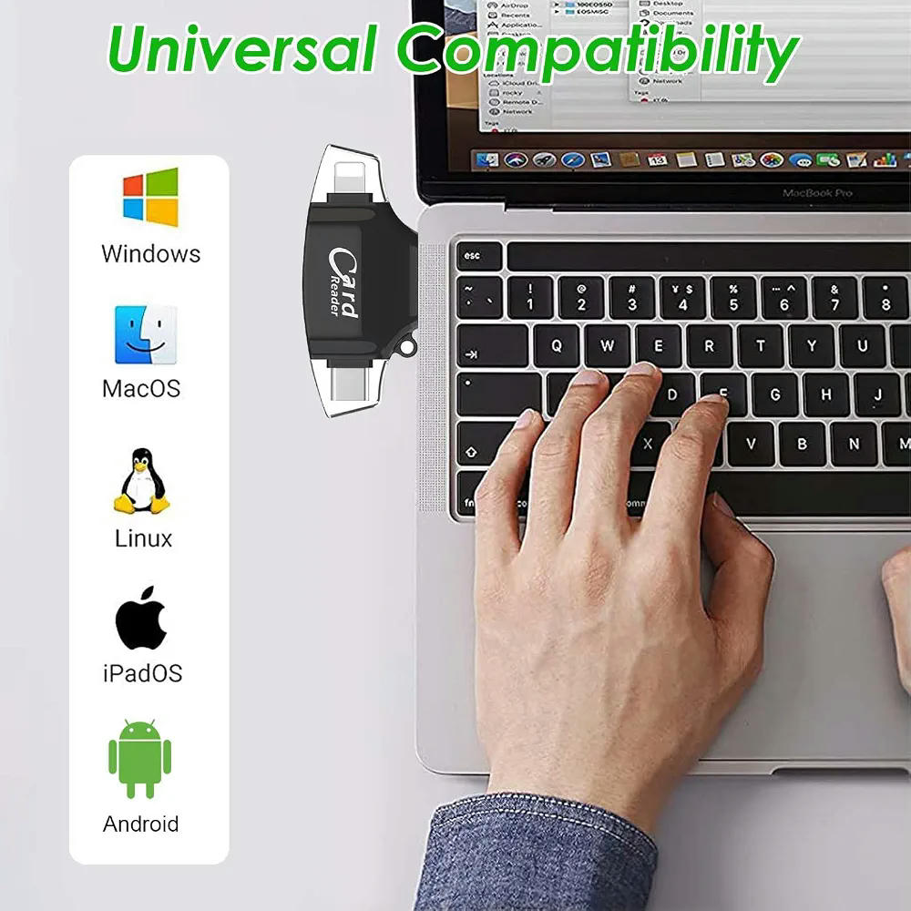 Lector de Tarjetas SD y Micro SD Multifuncional con Conectores USB-A, USB-C y Lightning, Color Negro