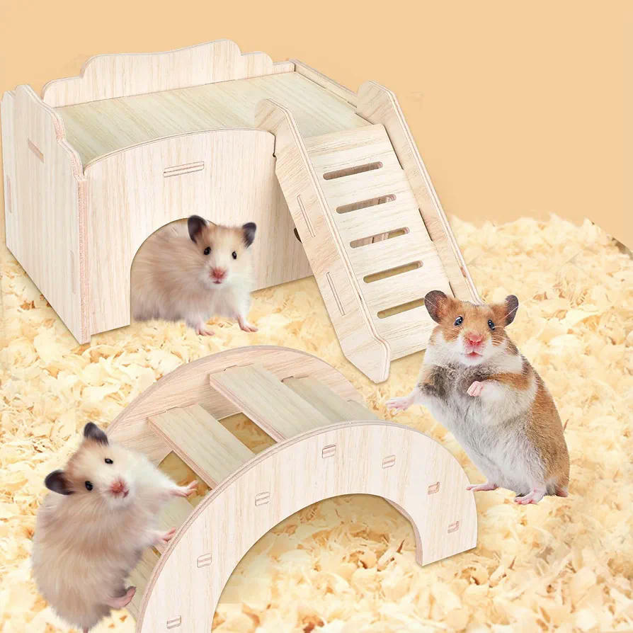 Juego de 5 Piezas para Hámster, Accesorios de Madera Natural, Columpio, Balancín y Casa, Juguetes para Jaula de Mascotas (marrón)