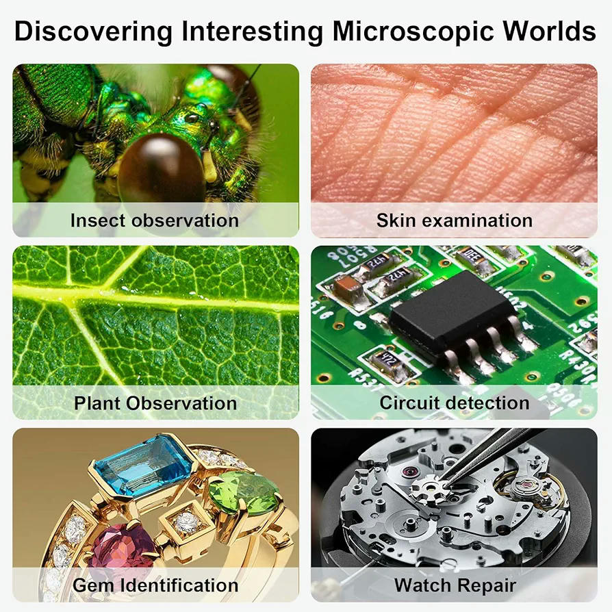 Microscopio digital USB 1080P HD, aumento de 50X a 1600X, portátil, compatible con dispositivos iOS y Android, ideal para observar joyas, piel, insectos y monedas (Negro)