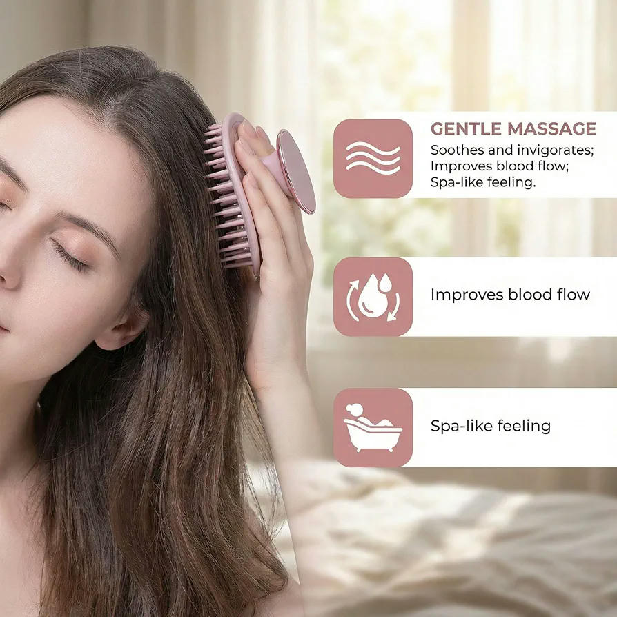Cepillo Masajeador de Silicona Suave para Cuero Cabelludo, Uso Seco y Húmedo, Ergonómico para Todo Tipo de Cabello (Rosa)