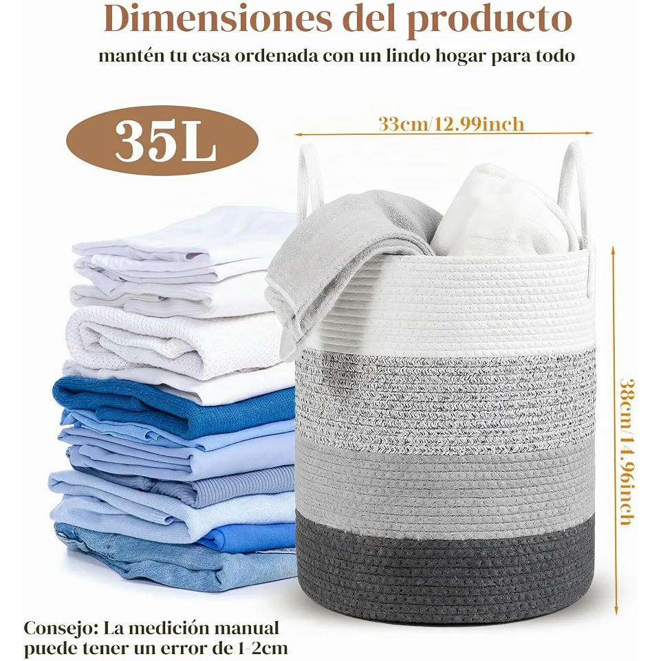 Cesto de Ropa Sucia de Algodón con Asas, Cesta Multifuncional para Almacenamiento de Ropa y Juguetes (Gris)