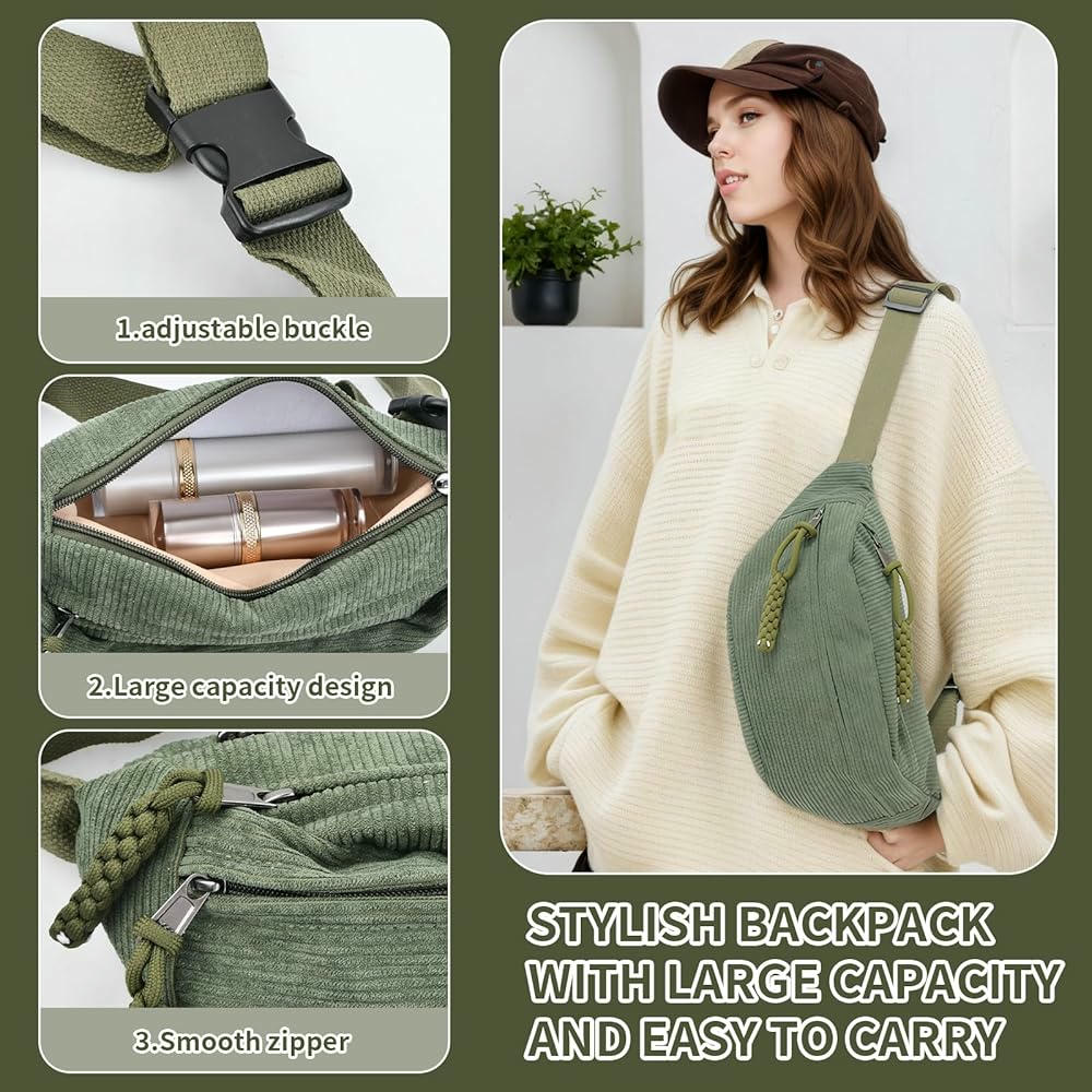 Bossa de pana verda per a homes i dones, bossa creuada ajustable per a córrer, fer senderisme, escola i viatges