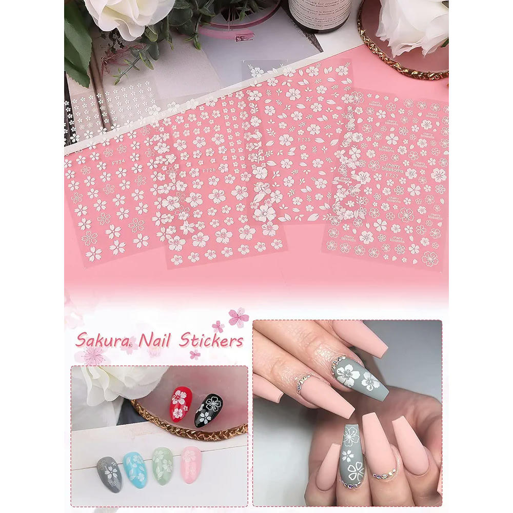Pegatinas de Flores de Cerezo Blancas 3D, 8 Hojas Autoadhesivas para Uñas, Calcomanías Decorativas para Nail Art, Ideal para Uñas Acrílicas y Postizas (color blanco)