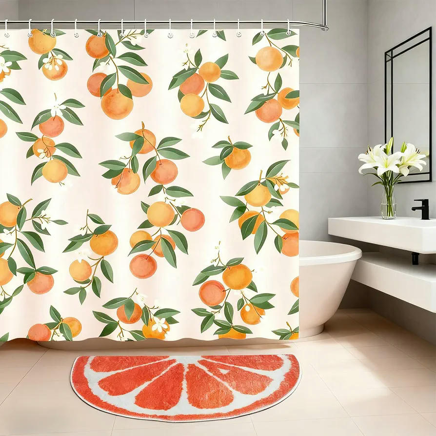 Set de Baño con Cortina de Ducha (180 x 180 cm) y Alfombra Antideslizante (50 x 80 cm) en Diseño de Cítricos Naranjas