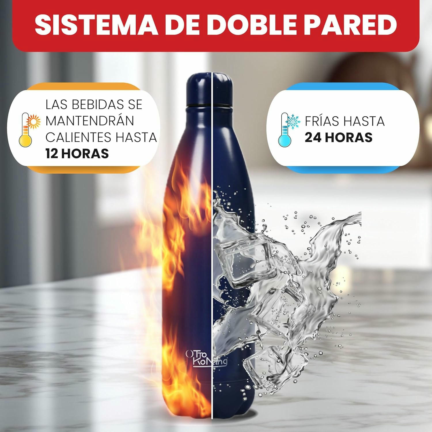 Botella de Agua Acero Inoxidable 1 Litro-Otto Koning-Botella Térmica con Doble Aislamiento al vacío para 12 Horas de Bebida Caliente y 24 Horas de Bebida Fría. Botella Termo a Prueba de Fugas sin BPA