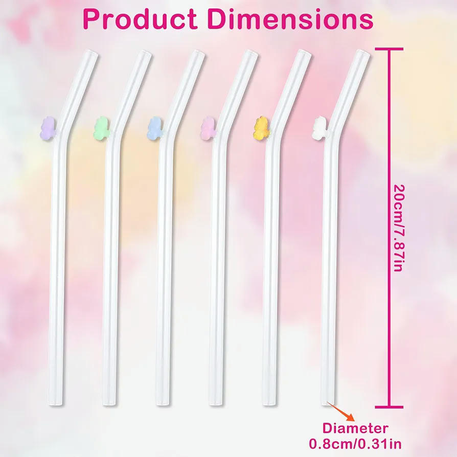 Pajitas de vidrio reutilizables sin BPA - Juego de 6 con decoración de mariposas, longitud de 20 cm, ideales para bebidas frías y calientes (Multicolor)