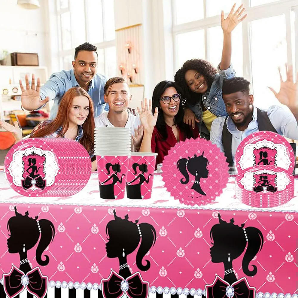 Juego de vajilla de 51 piezas con diseño de motivos para fiestas, ideal para cumpleaños y celebraciones (Rosa)