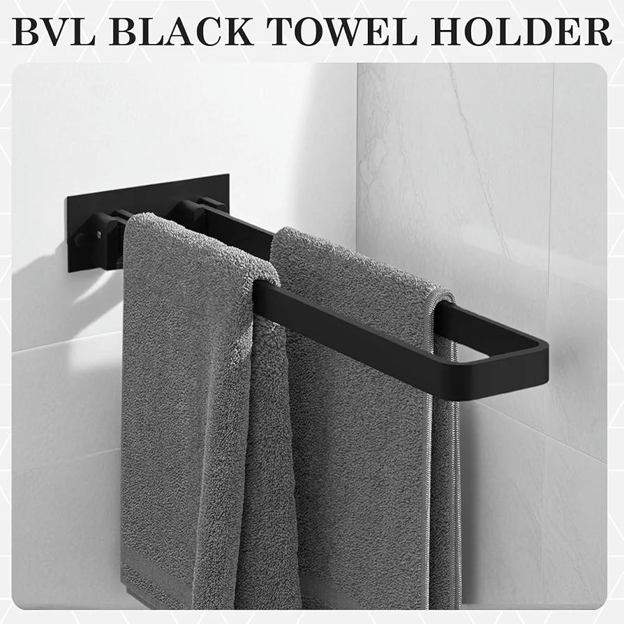 Toallero Adhesivo Doble de Acero Inoxidable 23 cm, Toallero Plegable y Giratorio 90°, Accesorios de Montaje para Baño y Cocina (Negro)