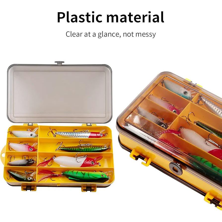 Caja de Almacenamiento de Aparejos de Pesca, Doble Compartimento de Plástico Transparente para Cebos y Accesorios (Amarillo)