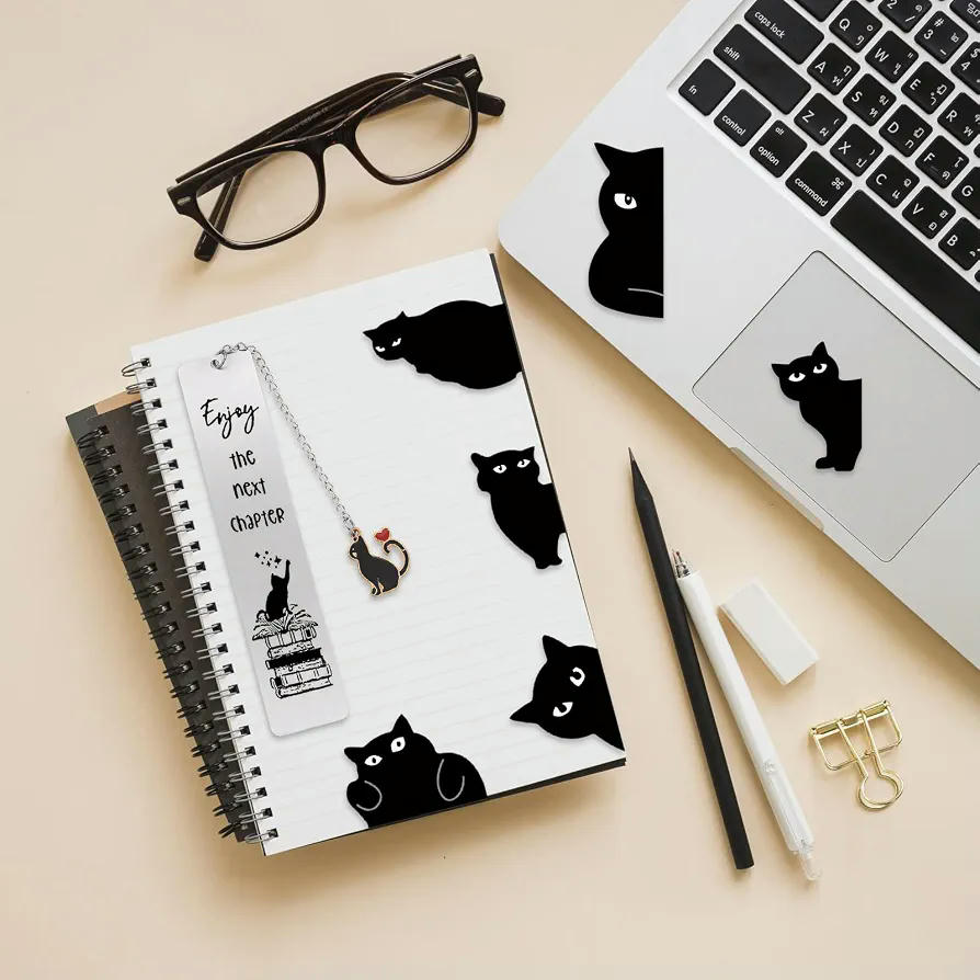 Marcapáginas magnéticos y de metal con diseño de gatos, 1 grande (Plateado) y 6 pequeños (Negro)
