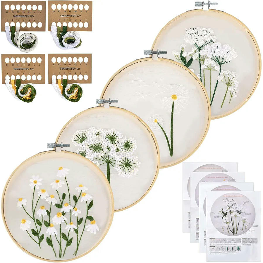 Kit de Inicio de Bordado con Patrón de Flores y Pájaros, Instrucciones y Herramientas Incluidas (Blanco Beige)