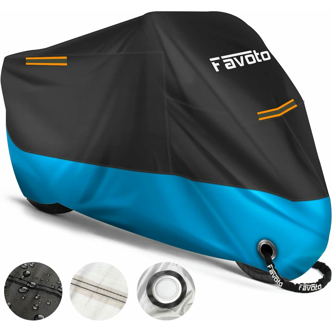 Favoto Funda para Moto Cubierta de Moto 210D Impermeable Protectora con Banda Reflectante a Prueba de Sol Lluvia Polvo Viento Nieve Excremento de Pájaro al Aire Libre, 220x105x125cm Negro+Azul
