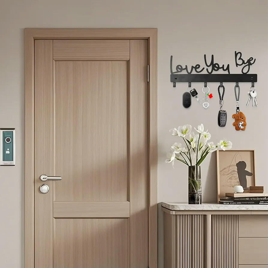 Colgador de llaves de pared con texto "Love You Bye", gancho con 6 anclajes, ideal para cocina, entrada, pasillo, oficina y dormitorio (Negro)