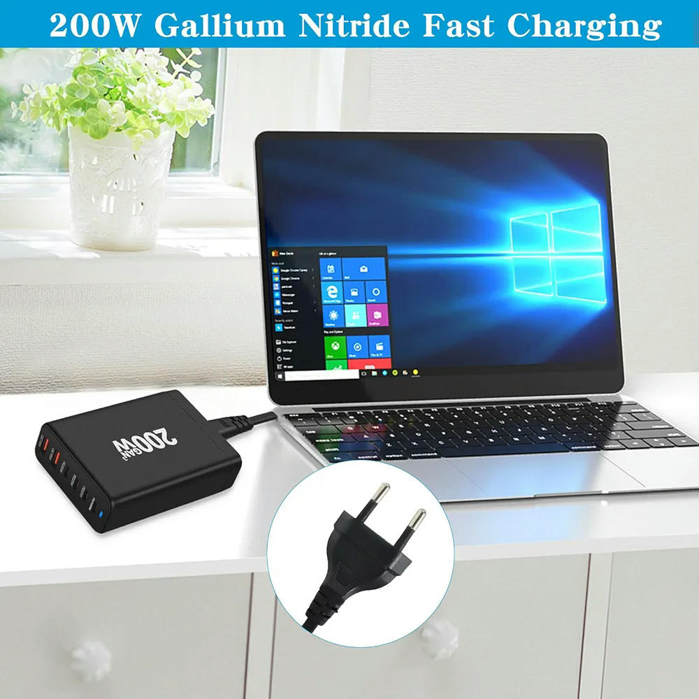 Cargador USB C de 200 W con 6 Puertos: 4 USB-C y 2 USB-A para Carga Rápida (Negro)