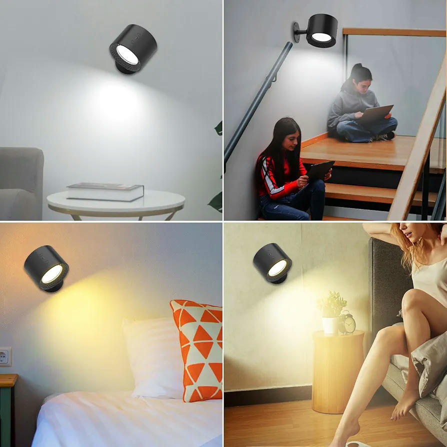Paquete de 2 Lámparas de pared LED recargables, luces magnéticas, modelo multifuncional con 3 niveles de brillo y 3 colores, 360 grados giratorio, ideal para interiores