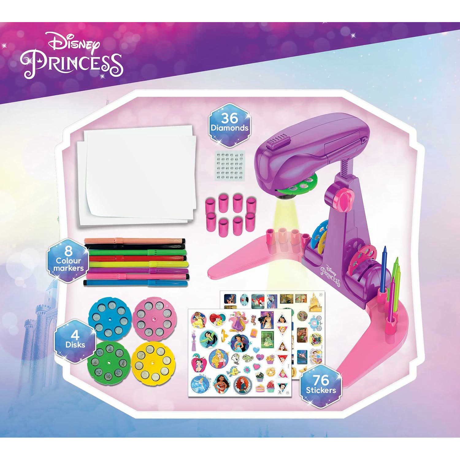 Lisciani Giochi - Escuela de dibujo con proyector de PRINCESAS DISNEY - Para niños a partir de 3 años - Aprende a dibujar con modelos proyectados - Incluye modelos, papel y lápices - Juego creativo