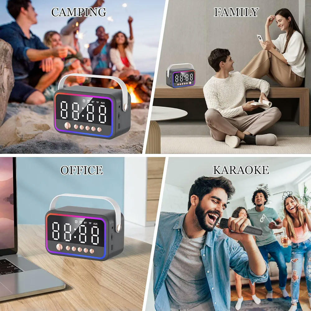 Máquina de karaoke portátil con 2 micrófonos, altavoz Bluetooth multifuncional con luz RGB y doble alarma, sonido estéreo 360° (Negro)