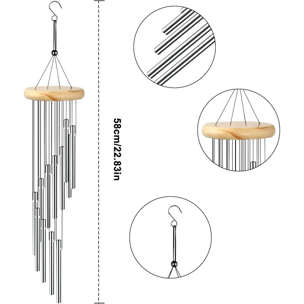 Campana de Vent de Metall, Carilló de Vent Exterior, 12 Tubus d'Alumini, Decoració per a Jardins i Balcons, Ideal per a Llars, Color Platejat