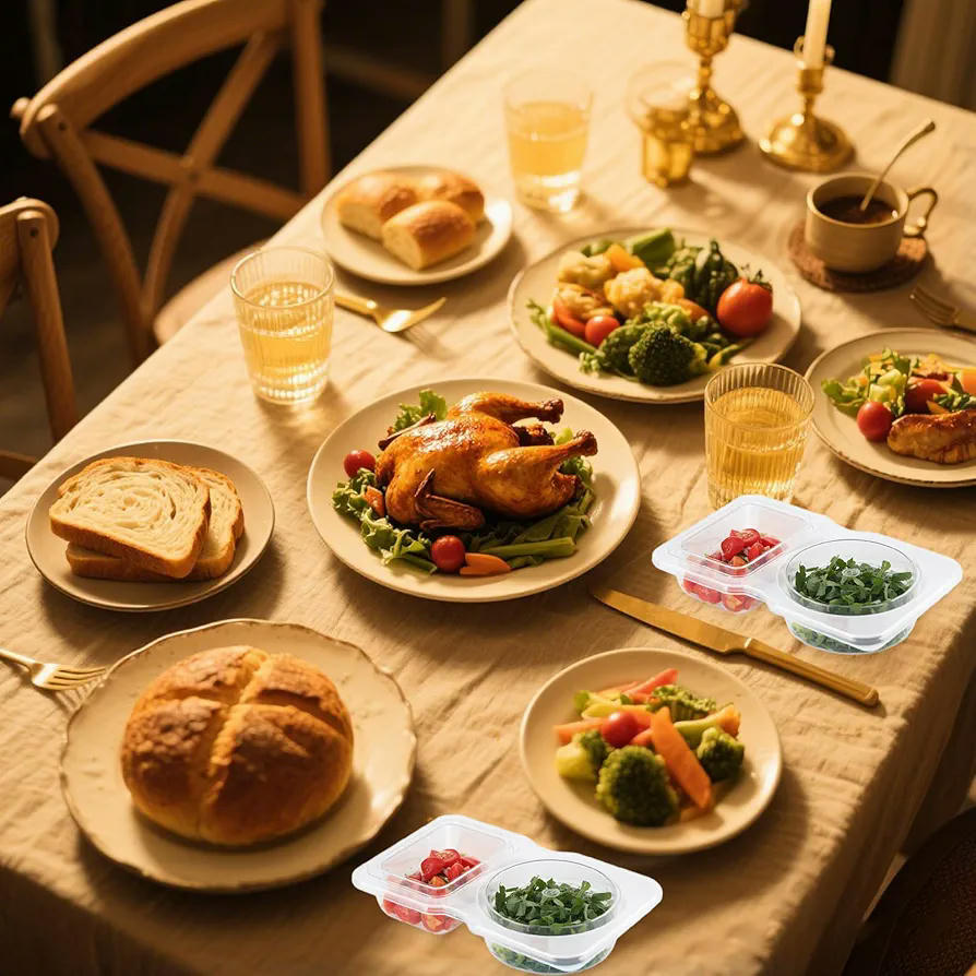 Vasos de plástico para salsa, pack de 30 unidades, doble compartimento de 130 ml, recipientes reutilizables para salsas, sopas y cremas (transparente)