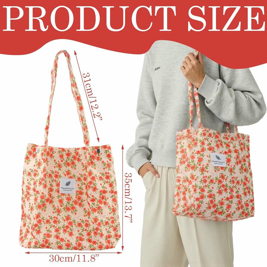 Bolso Tote Bag de Pana para Mujer, Casual y Elegante, Patrón Floral, Gran Capacidad, Ideal para Playa y Viajes (Rojo y Rosa)