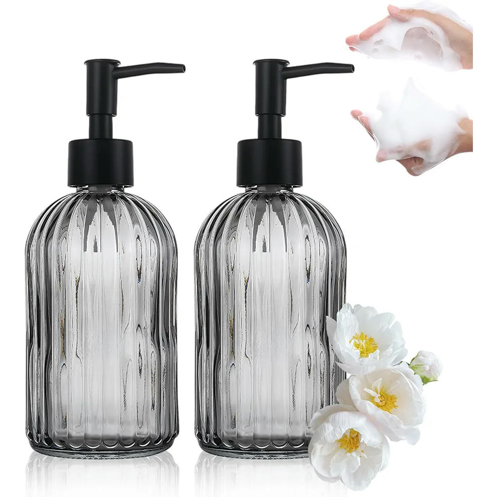 2 Pieces Gray Glass Soap Dispenser with Black Plastic Pump, 400ml for Bathrooms and Kitchens