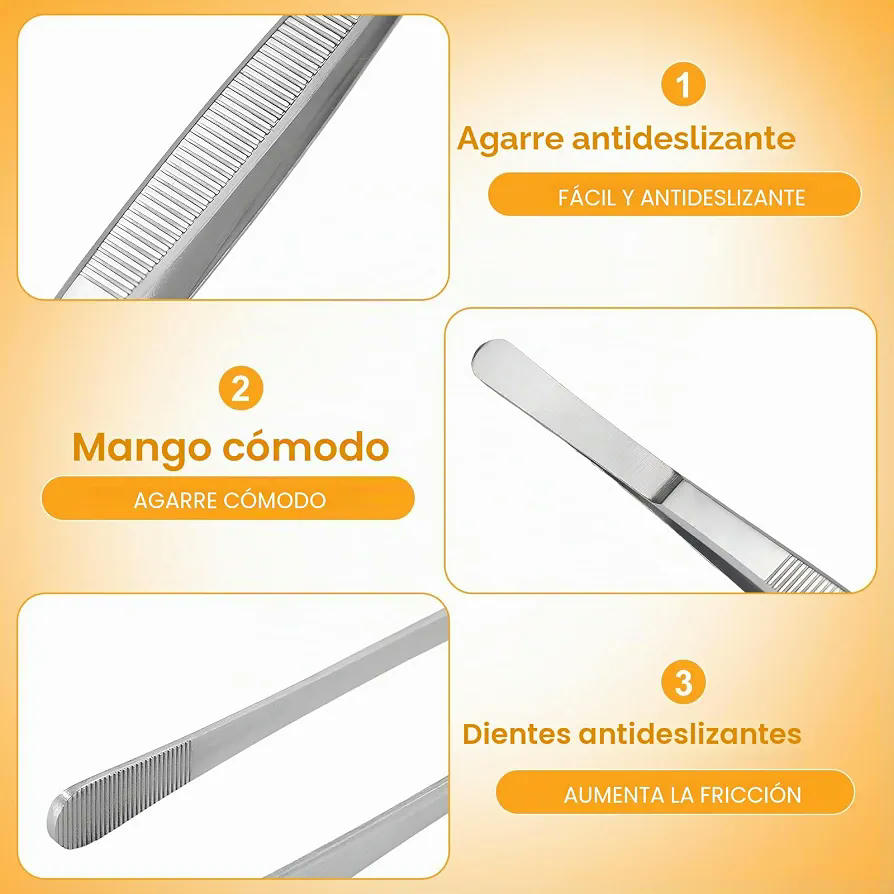 Set de 4 Pinzas de Cocina de Acero Inoxidable para Asar y Servir, Diferentes Tamaños y Usos, 11, 28, 30, 30 cm