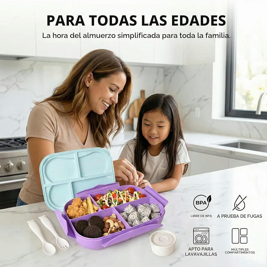 Fiambrera Hermética con 4 Compartimentos de 1000ml para Microondas y Lavavajillas (Morado)