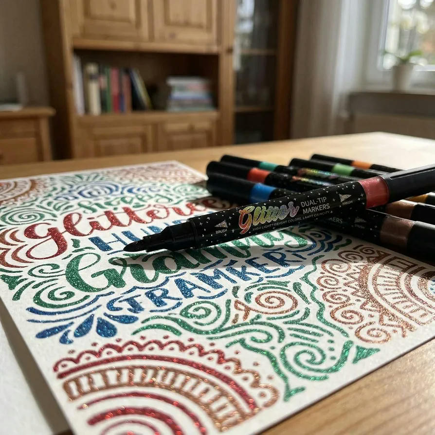 Set de 12 Rotuladores Brillantina Metálicos de Doble Punta (Fina y Ancha), para Libros para Colorear Adultos, Tarjetas Manualidades