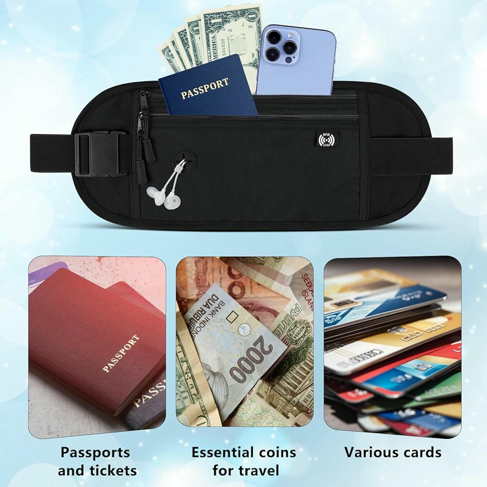 Riñonera impermeable, cinturón de dinero antirrobo, tecnología de bloqueo RFID, ideal para pasaporte y teléfono, color negro