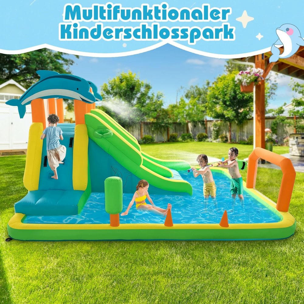 Castillo Inflable con Tobogán de Agua, Equipamiento Inflable, Parque Acuático para Niños, 2 Toboganes, Tema de Delfines, 393 x 304 x 220 cm