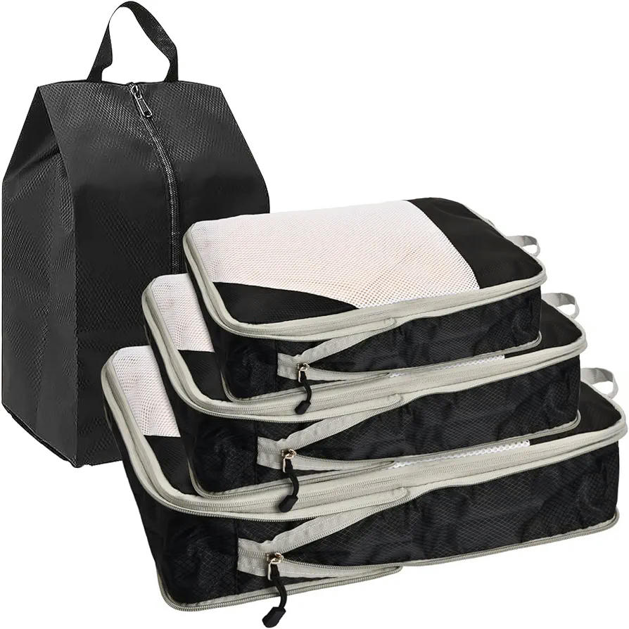 Alforjas de Compresión 4 Piezas Juego de Bolsas de Embalaje de Nylon Resistente al Agua Organizadores de Ropa y Calzado Negras