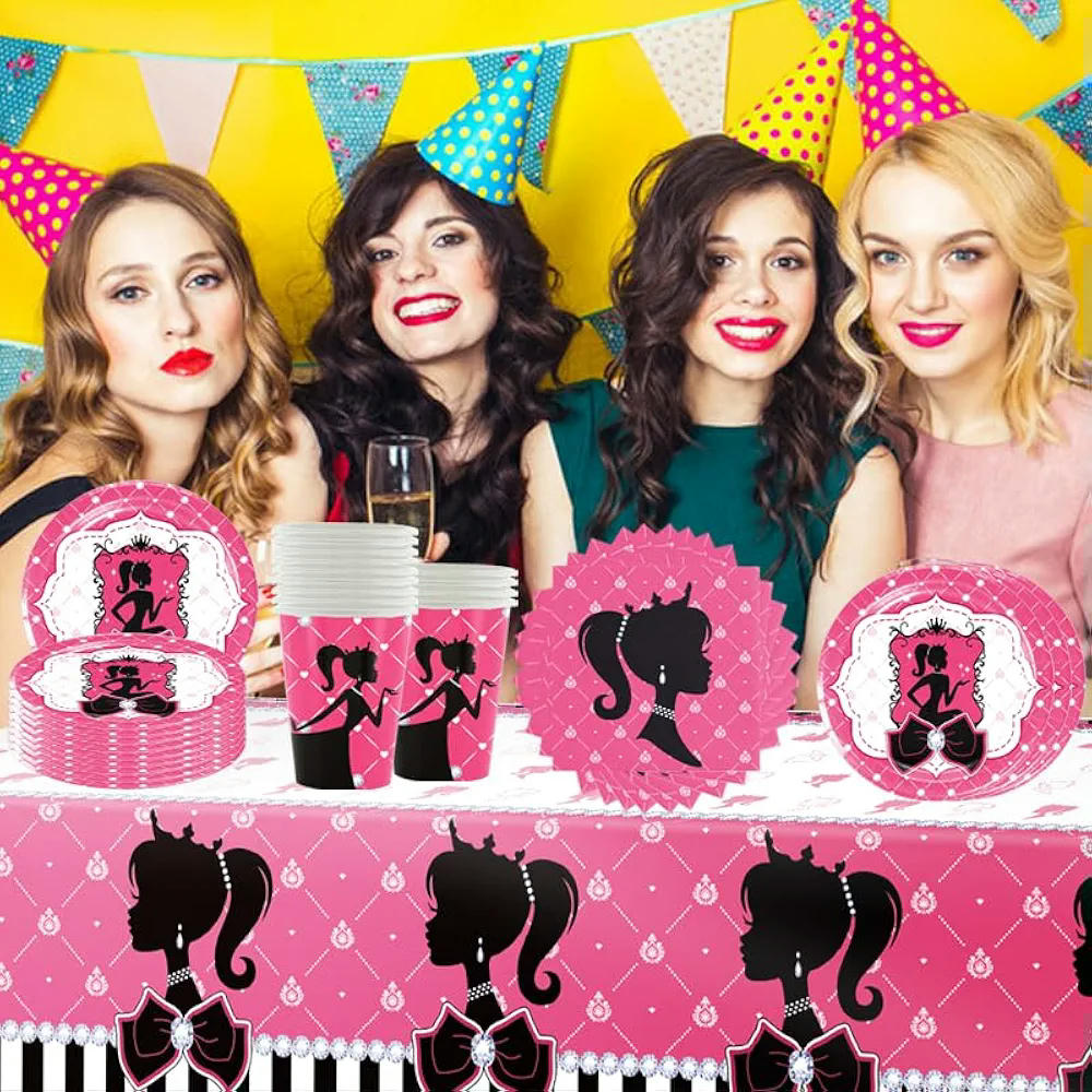 Juego de vajilla de 51 piezas con diseño de motivos para fiestas, ideal para cumpleaños y celebraciones (Rosa)